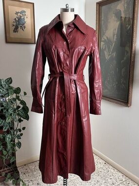 Vintage 70s Sears burgundy dark red genuine leather button up trench coat